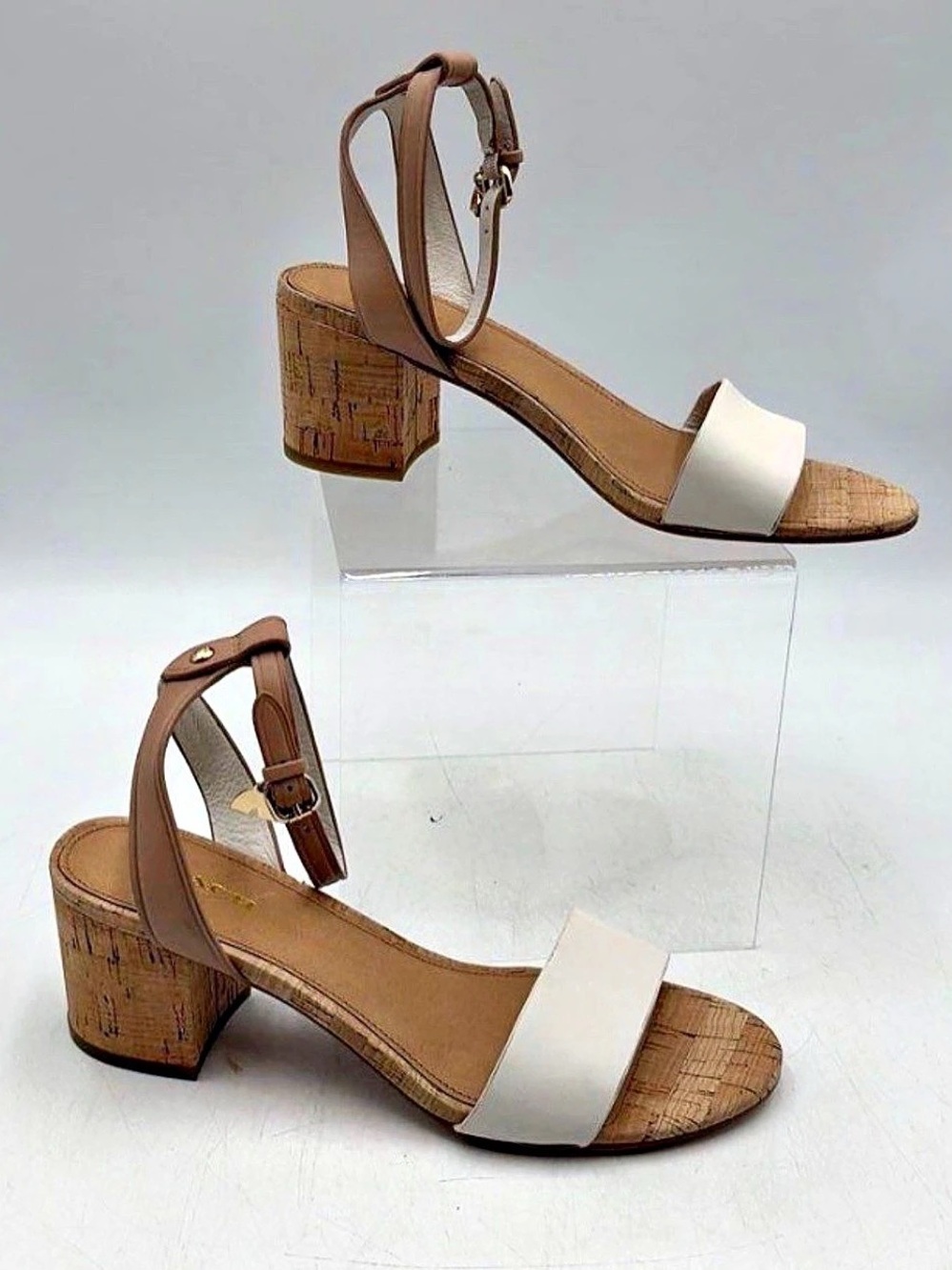 EUC, Coach, 7.5, Color Block Heel Sandals in Brown & cream; rainbow charm on buc